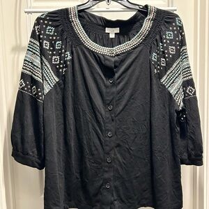 J. Jill Black Blouse with Blue Embroidery